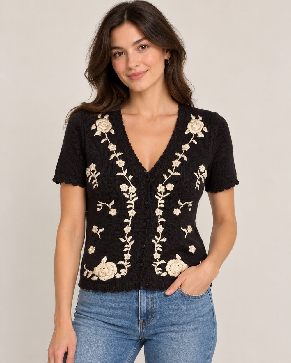Kathie Lee S Petite Black Embroidered Floral Sweater Top Short Sleeve Vintage